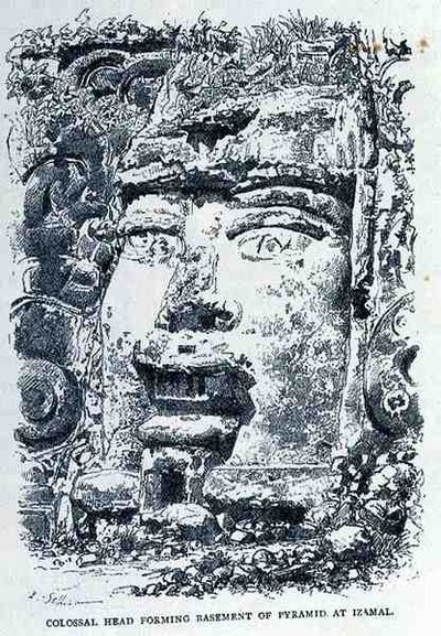 Colossal Head Forming Base of Pyramid at Izamal, from The Ancient Cities of the New World, by Claude-Joseph-Desire Charnay, pub. 1887 by P. after Sellier